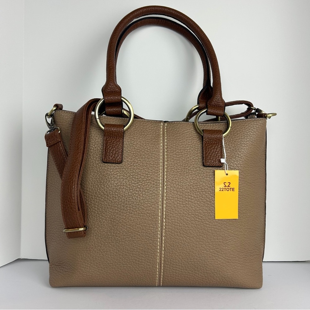 NWT 22 Tote Handbag Pebbled Tote Almond Brown Double Handle Adjustable Strap